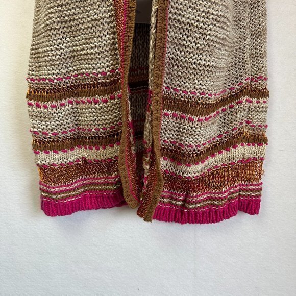Chicos cardigan women 1 M8 Open Knit Sweater tan pink metallic longline short sl - Picture 2 of 9